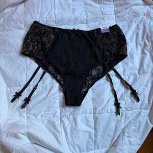 Cacique Black Lace Mid-Waist Cheeky High-Waist Panty w/ Garters Size 18/20 NWT